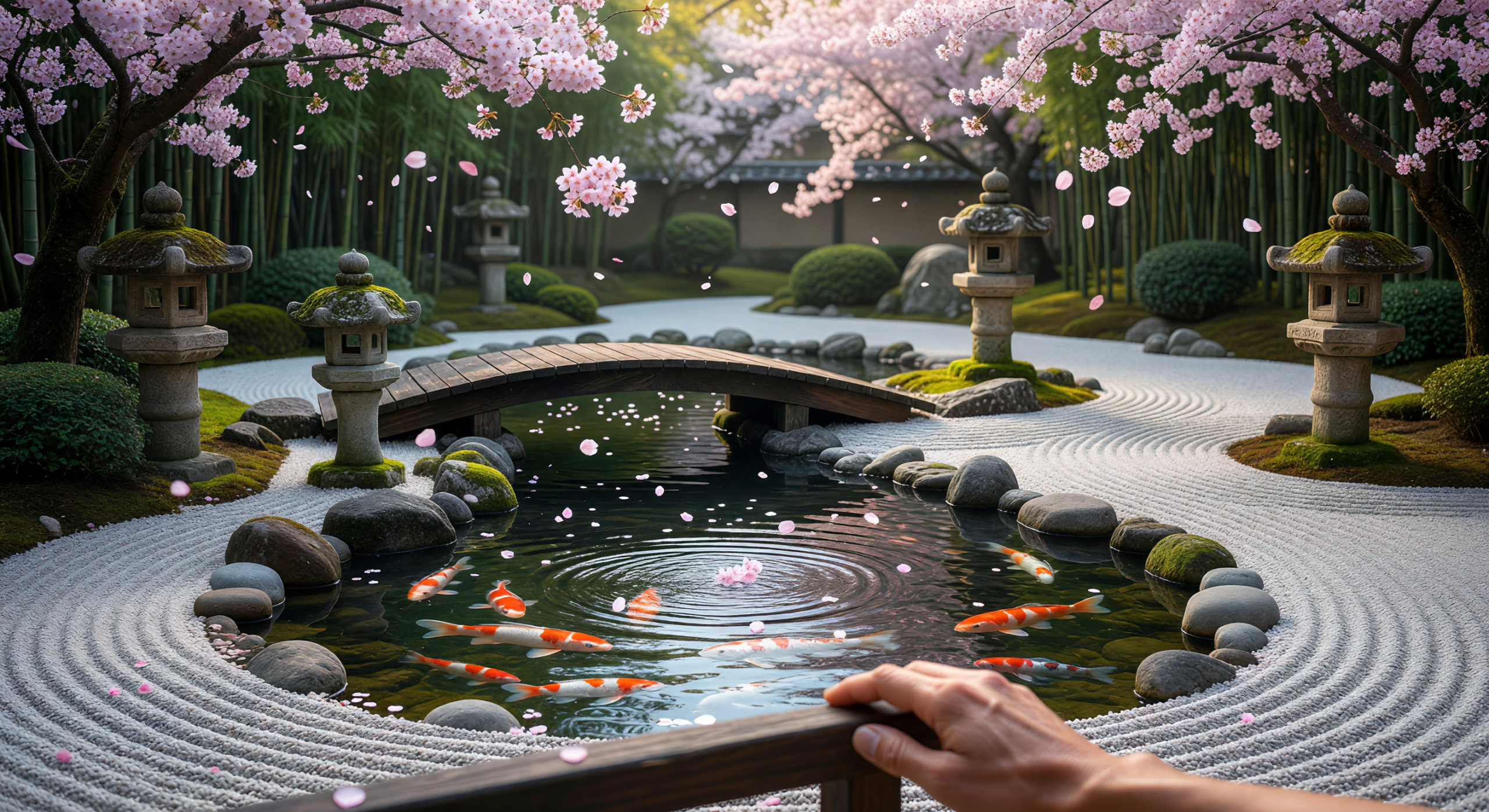 Zen Harmony: Koi Pond with Cherry Blossoms in Japanese Garden