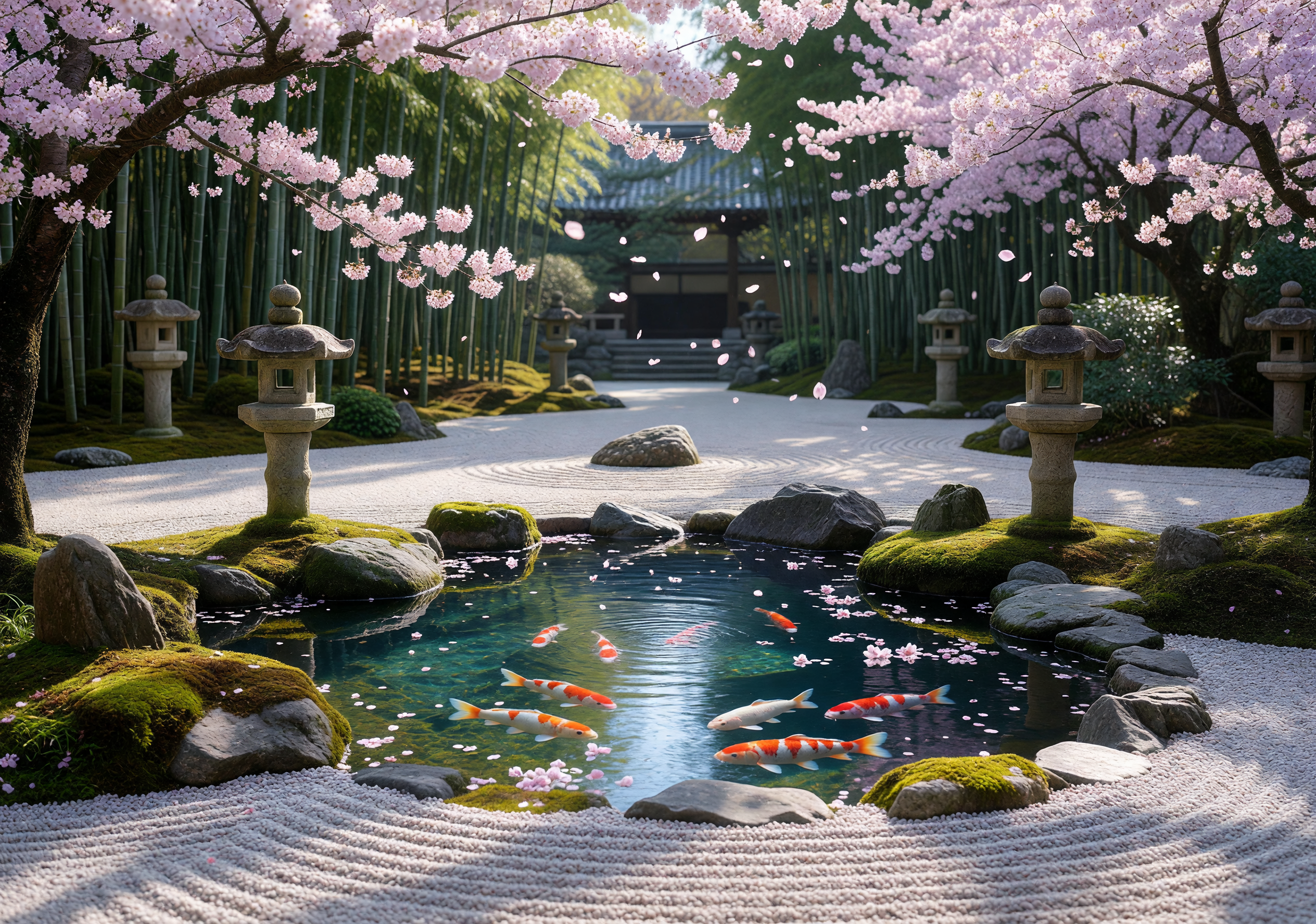 Zen Harmony: Koi Pond with Cherry Blossoms in Japanese Garden