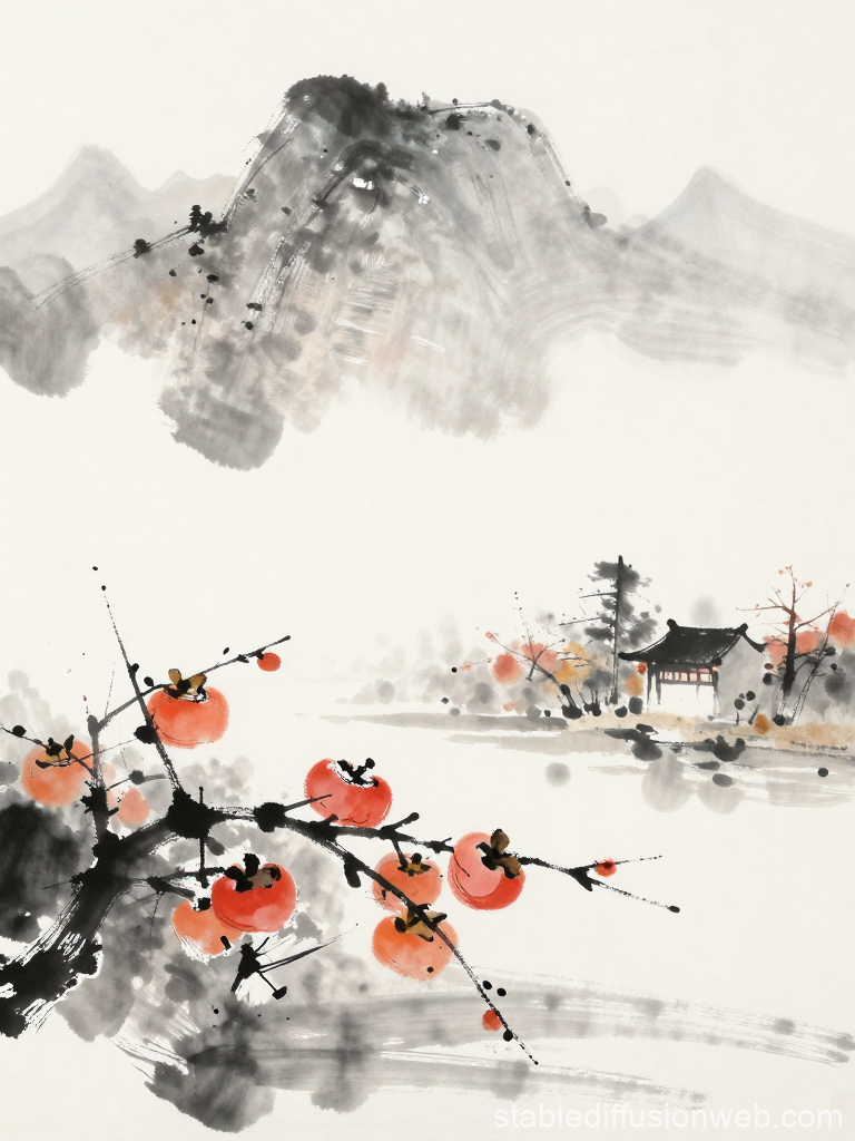 Zen Ink Autumn Landscape with Persimmons