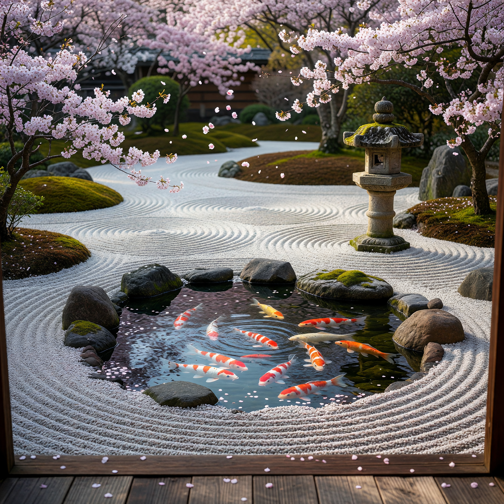 Zen Japanese Garden with Koi Pond and Cherry Blossoms
