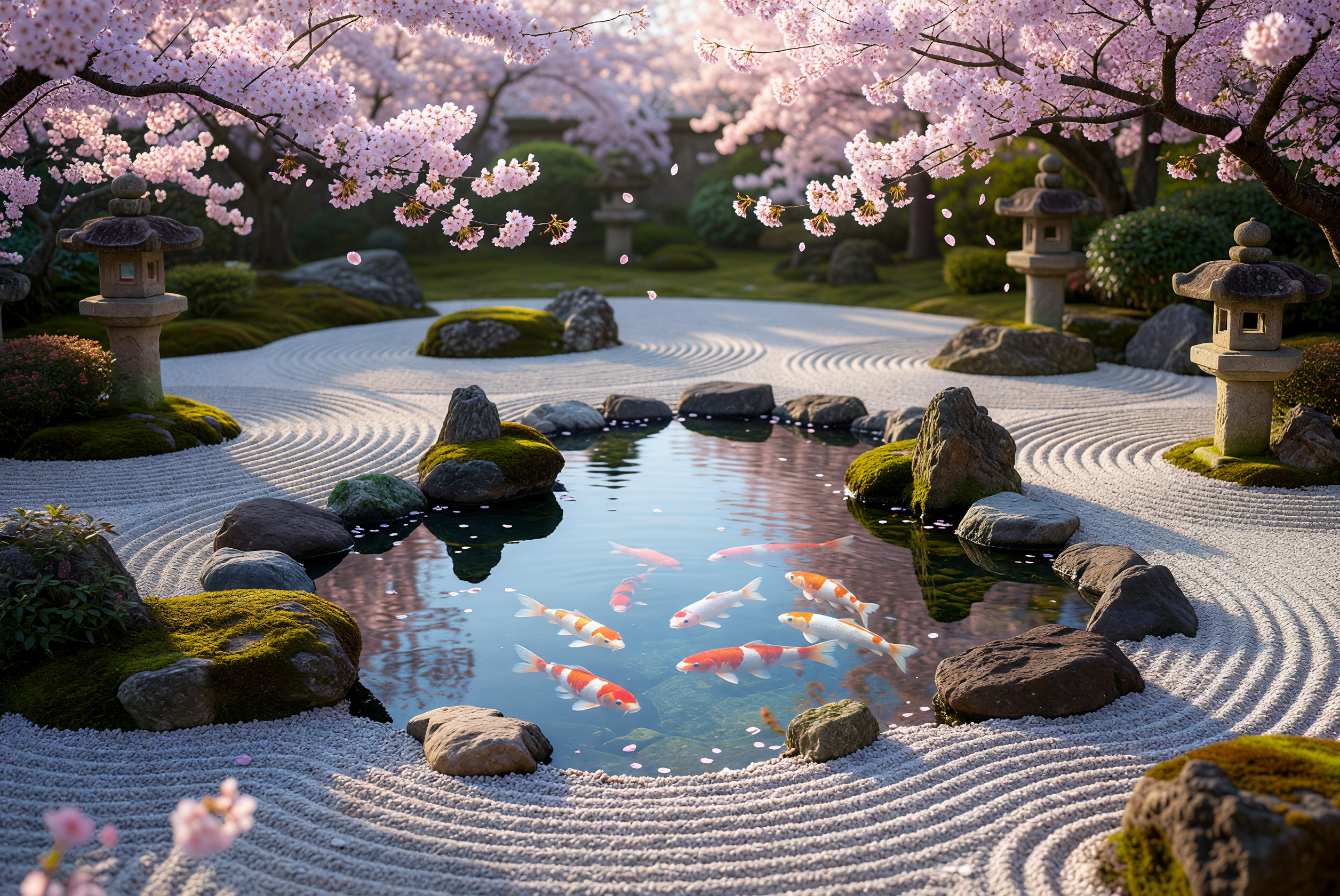 Zen Japanese Garden with Koi Pond and Cherry Blossoms