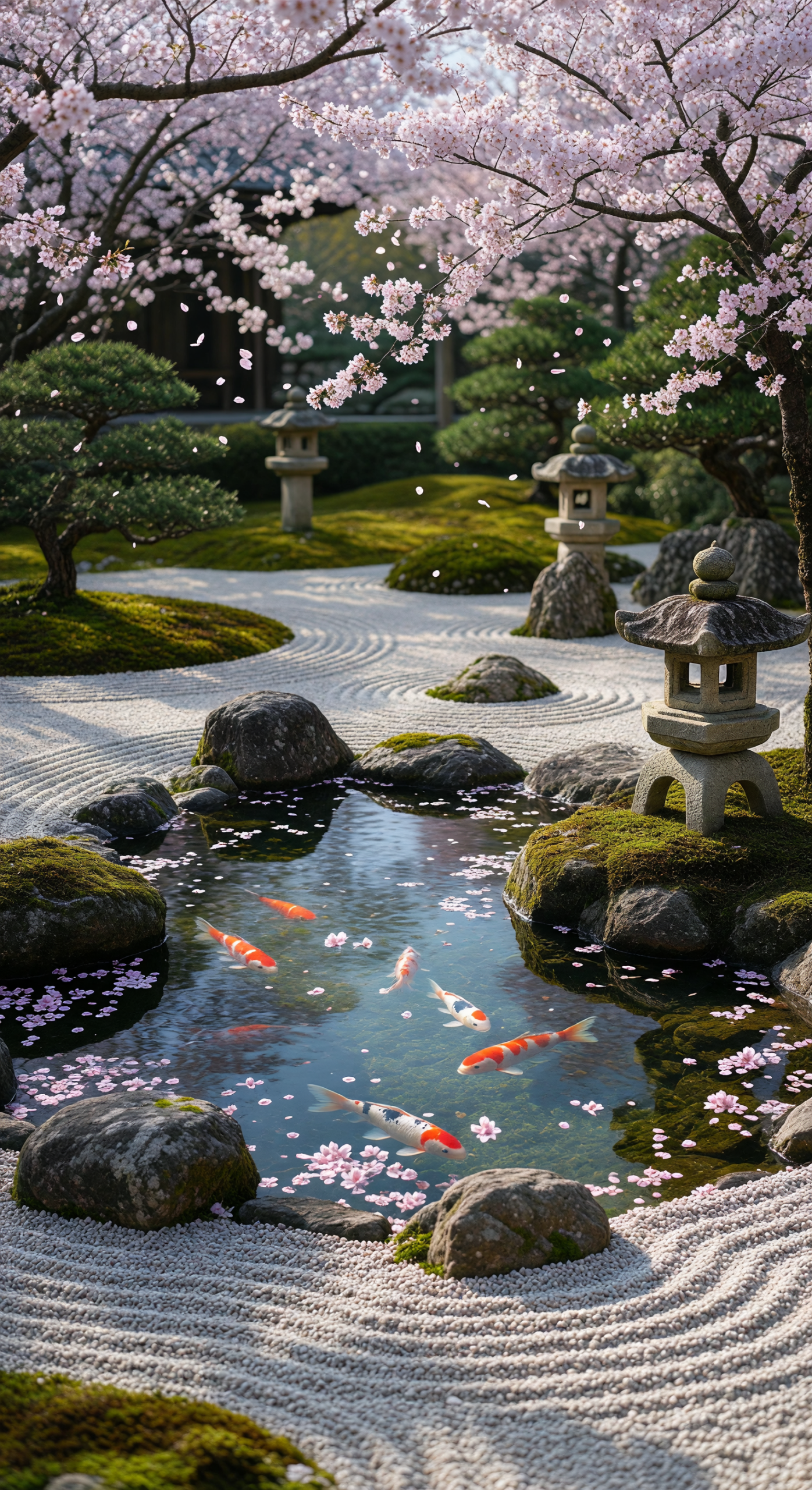 Zen Japanese Garden with Koi Pond and Cherry Blossoms