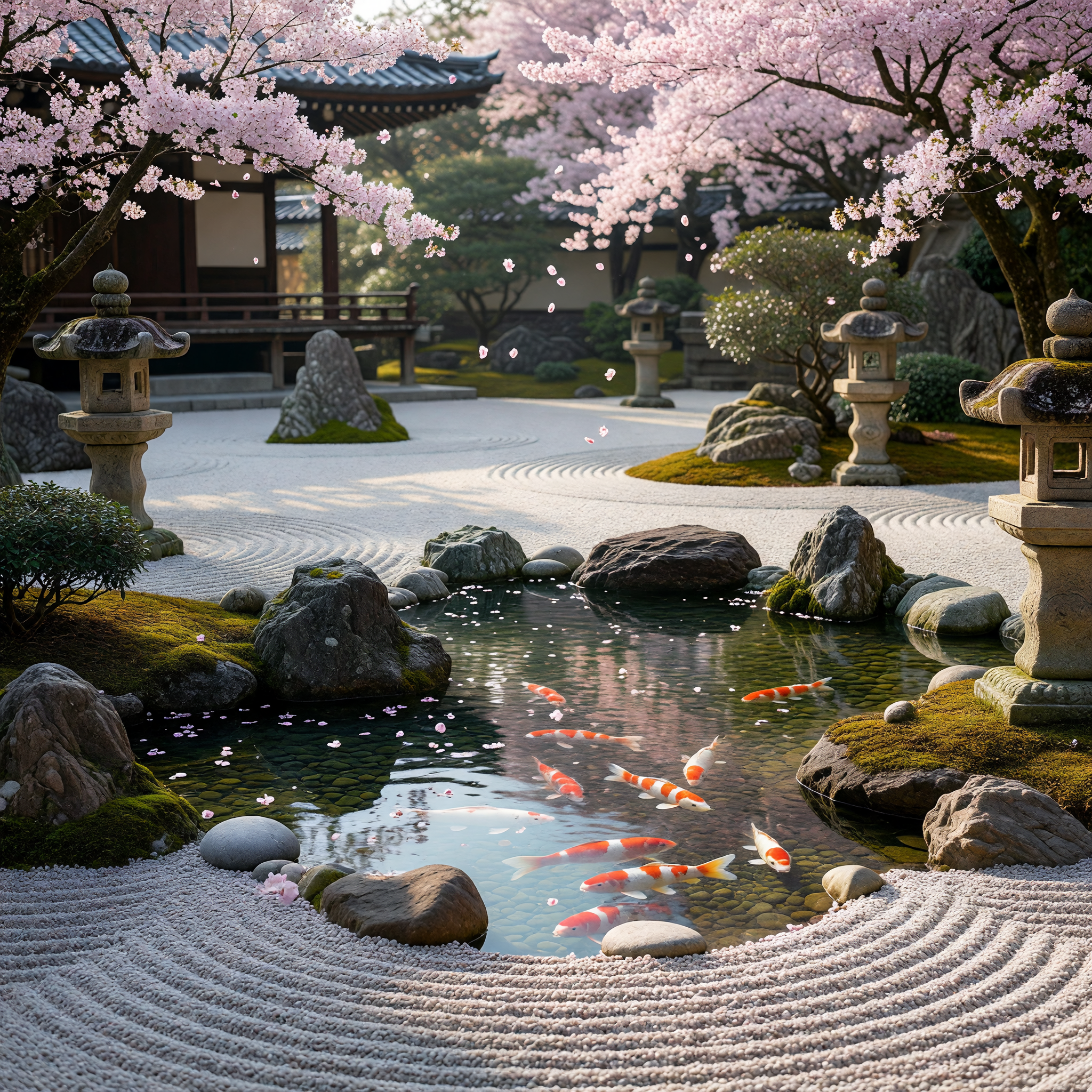 Zen Japanese Garden with Koi Pond and Cherry Blossoms