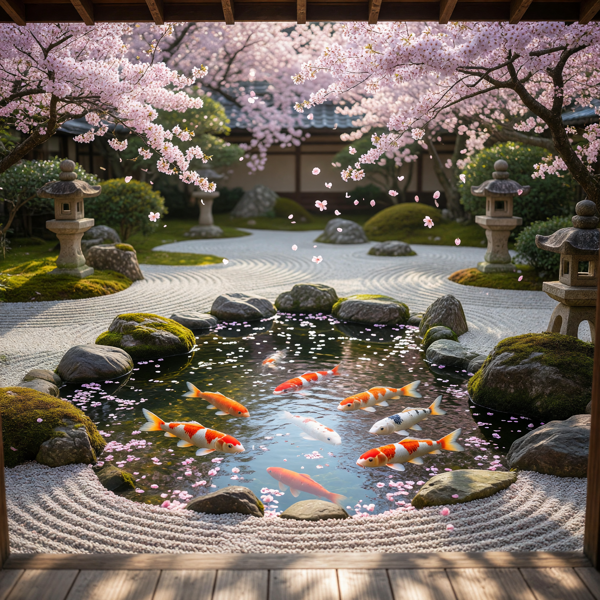 Zen Koi Pond with Cherry Blossoms in Japanese Garden