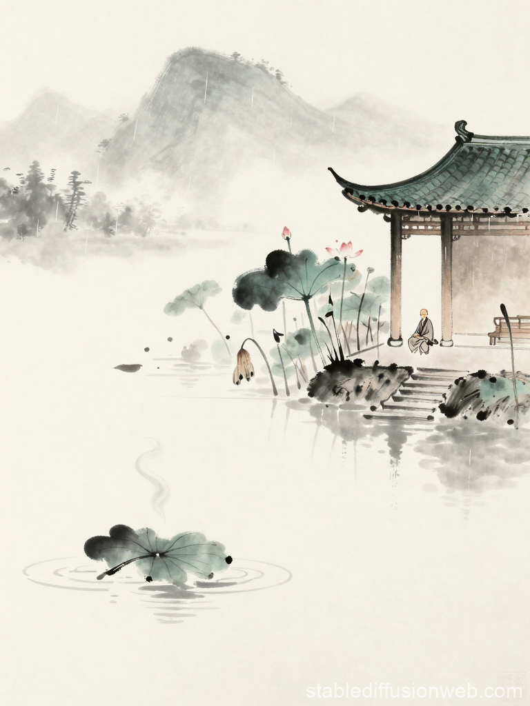 Zen Lotus Monk by a Tranquil Pavilion
