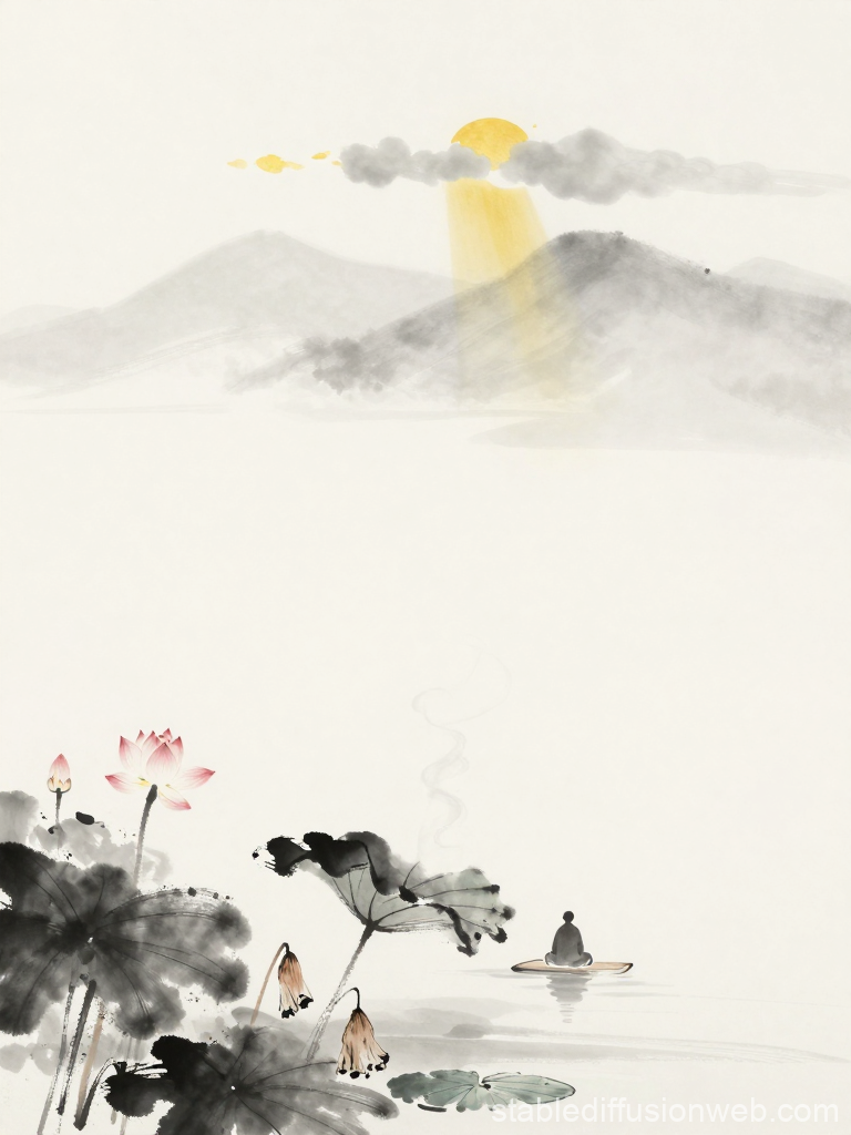 Zen Monk Meditating on Calm Waters with Lotus Blossoms