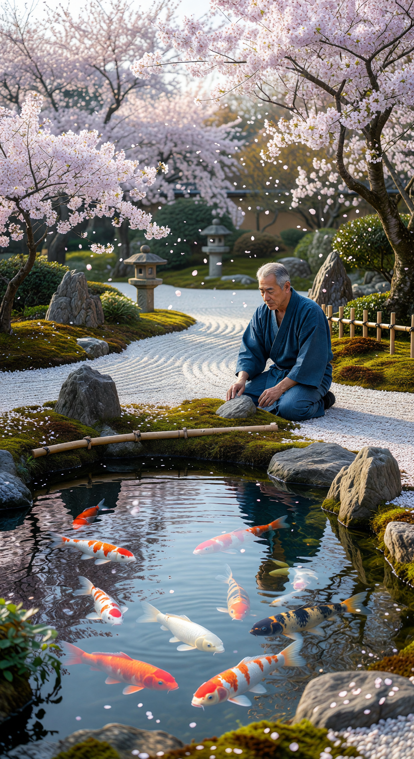 Zen Serenity in a Japanese Koi Pond with Blossoms