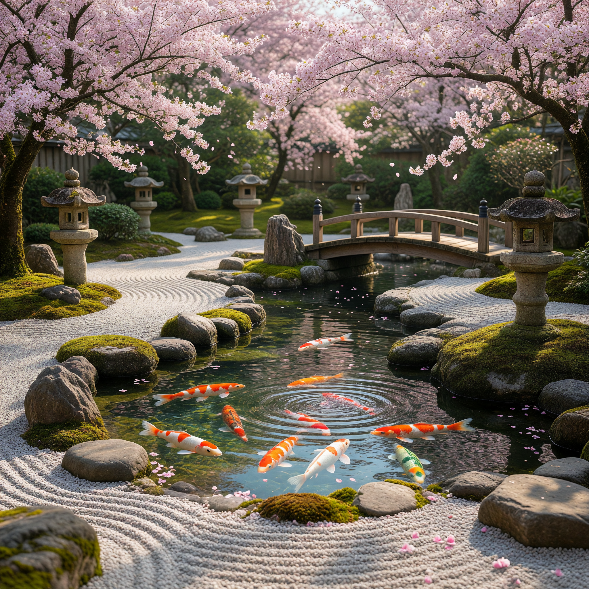 Zen Serenity in a Japanese Koi Pond with Cherry Blossoms