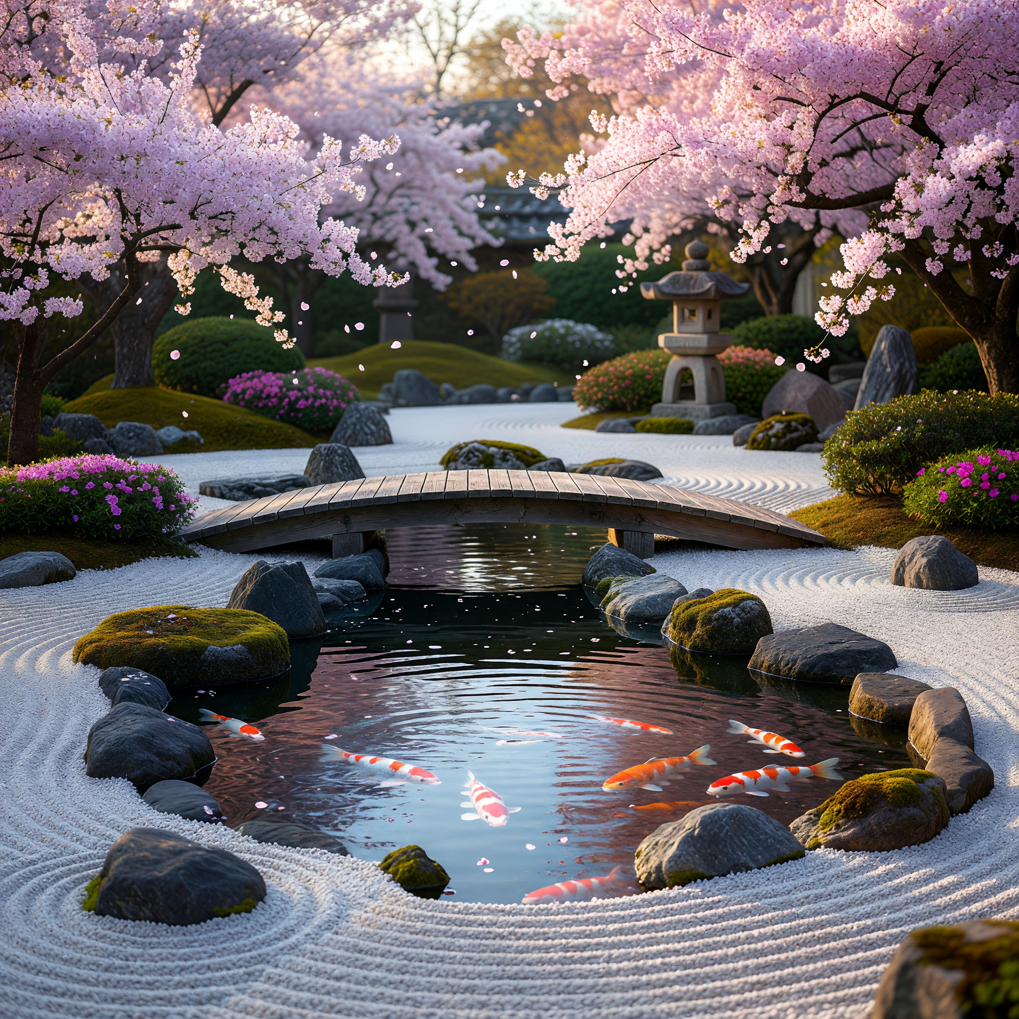 Zen Serenity in a Japanese Koi Pond with Cherry Blossoms