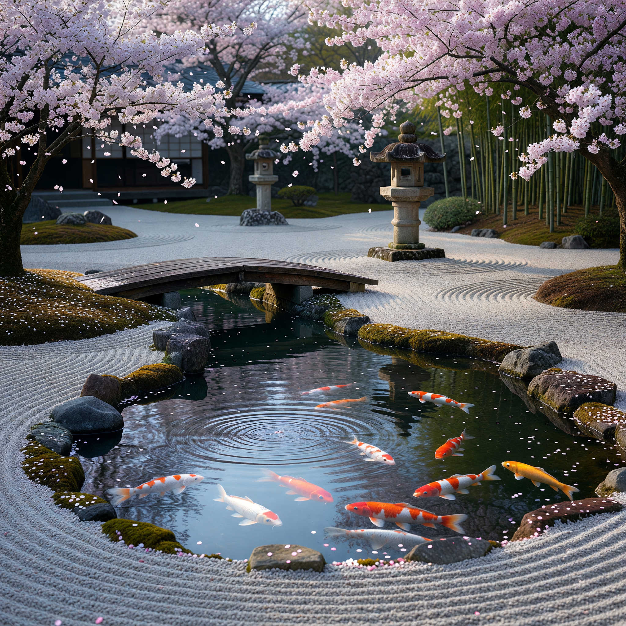 Zen Serenity in a Japanese Koi Pond with Cherry Blossoms
