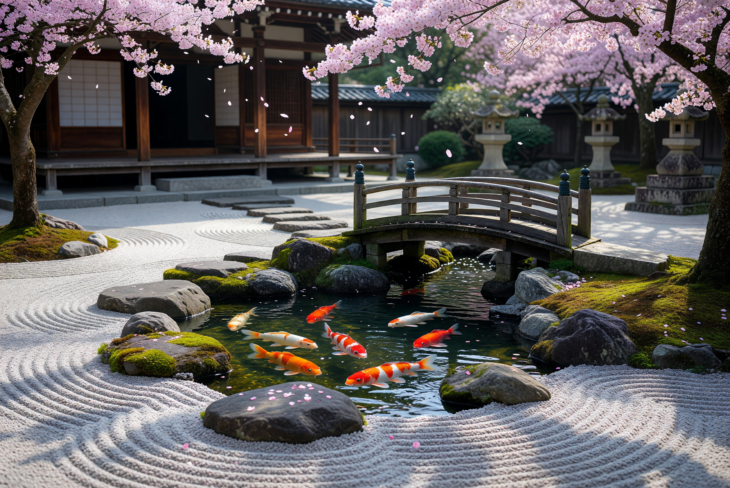 Zen Serenity in a Japanese Koi Pond with Sakura Blossoms