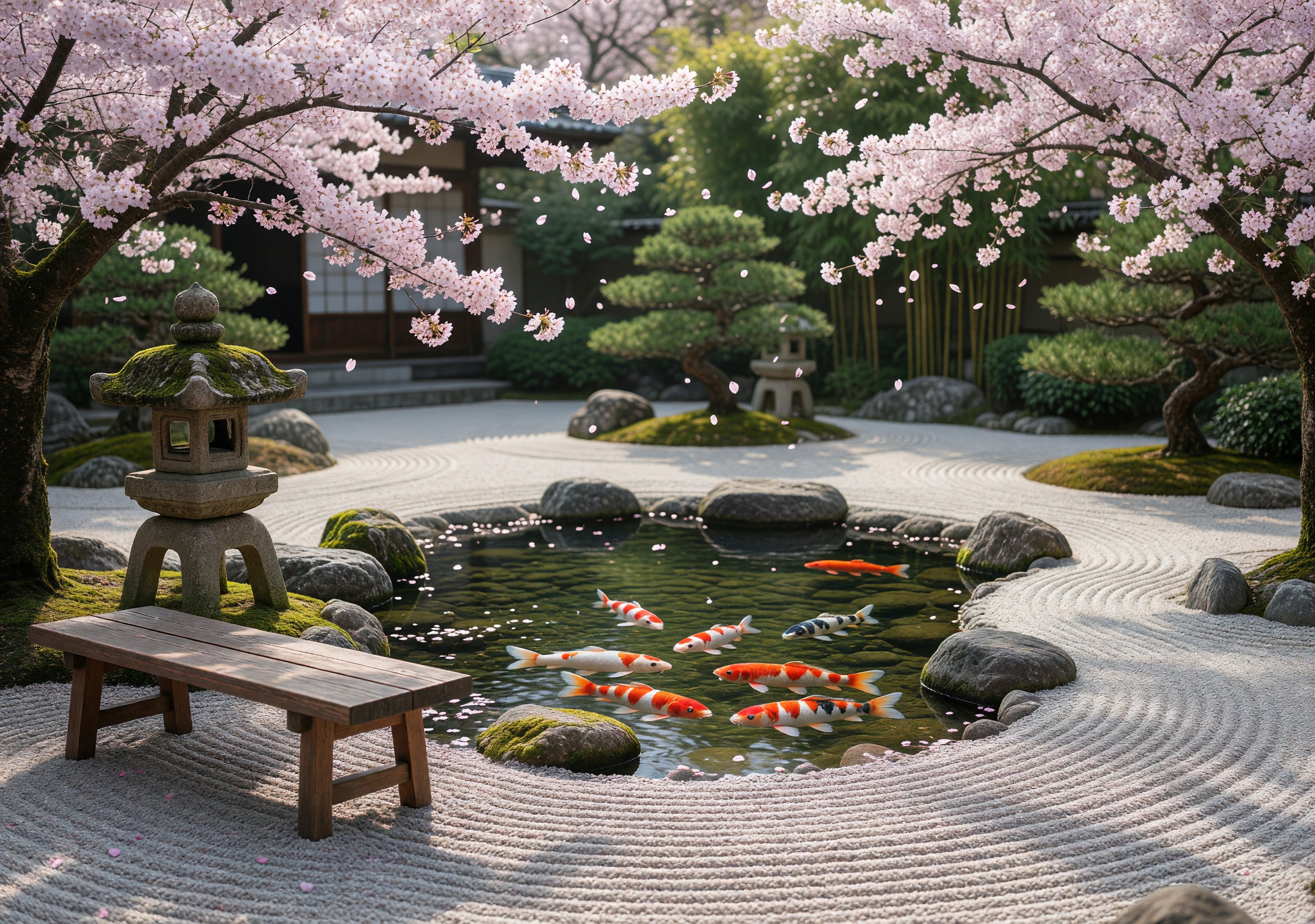 Zen Serenity in a Japanese Koi Pond with Sakura Blossoms