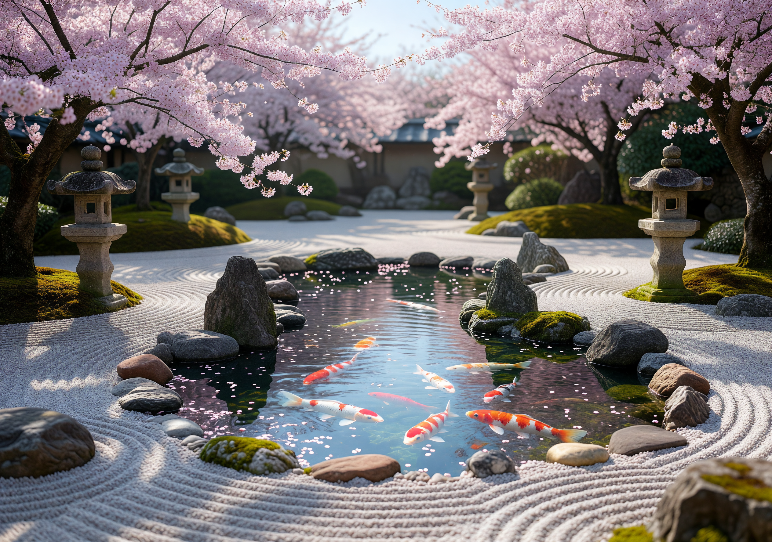 Zen Serenity: Koi Pond Amid Cherry Blossoms