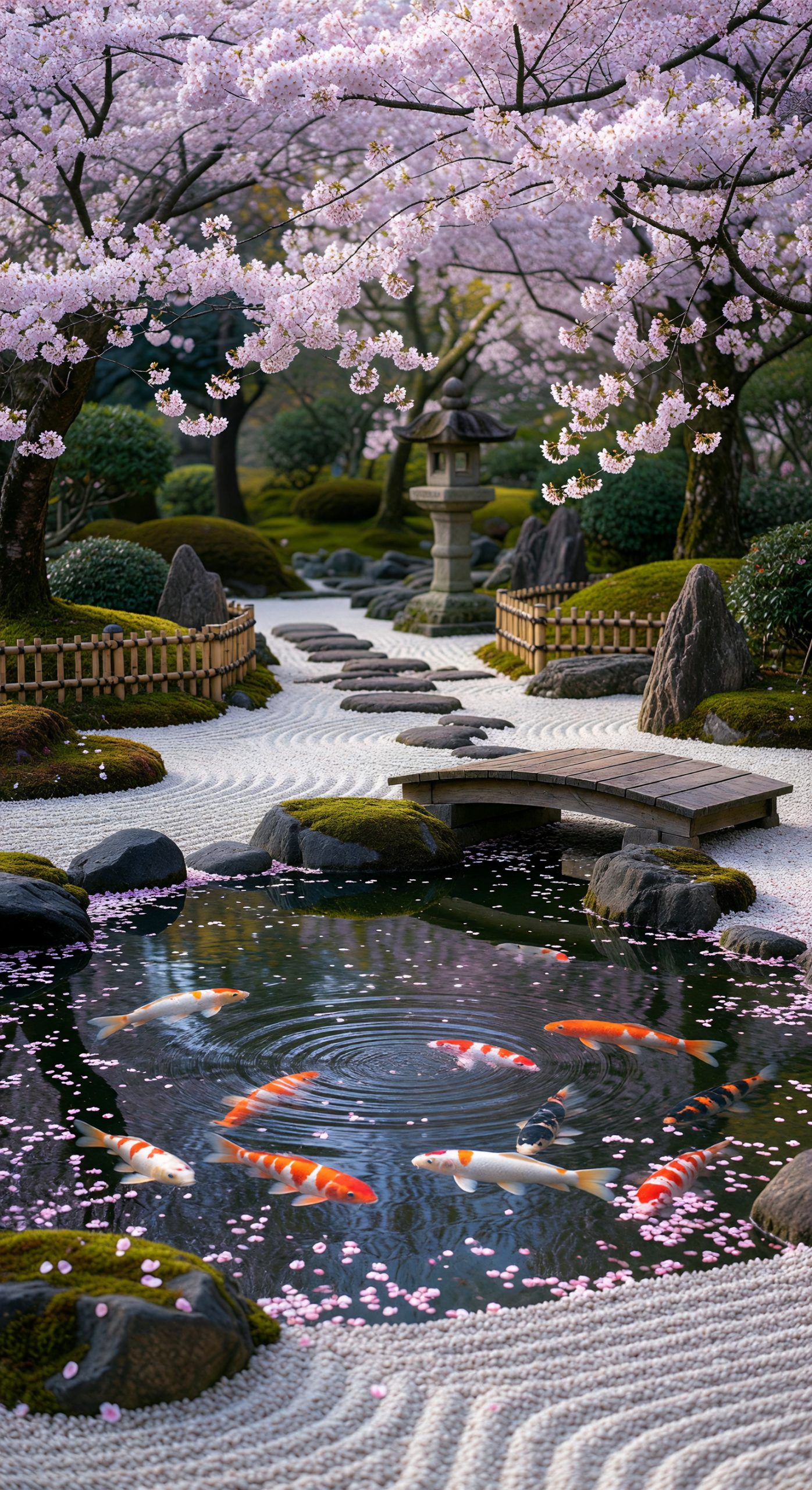 Zen Serenity: Koi Pond Under Cherry Blossoms