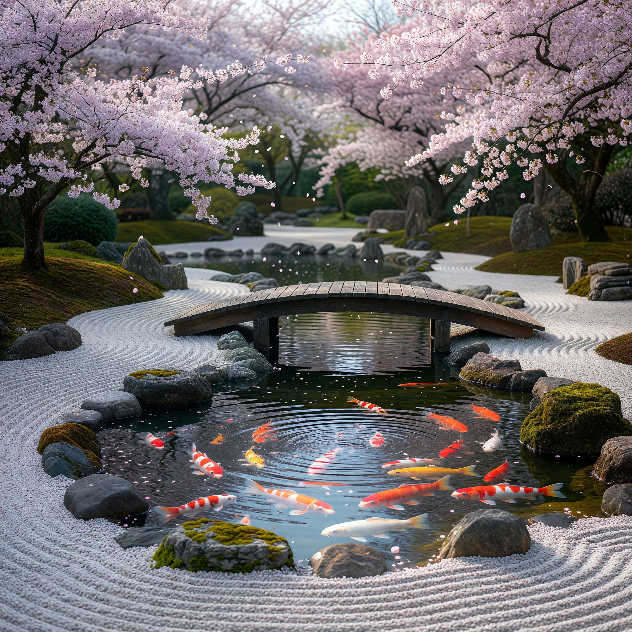 Zen Serenity: Koi Pond Under Sakura Blossoms