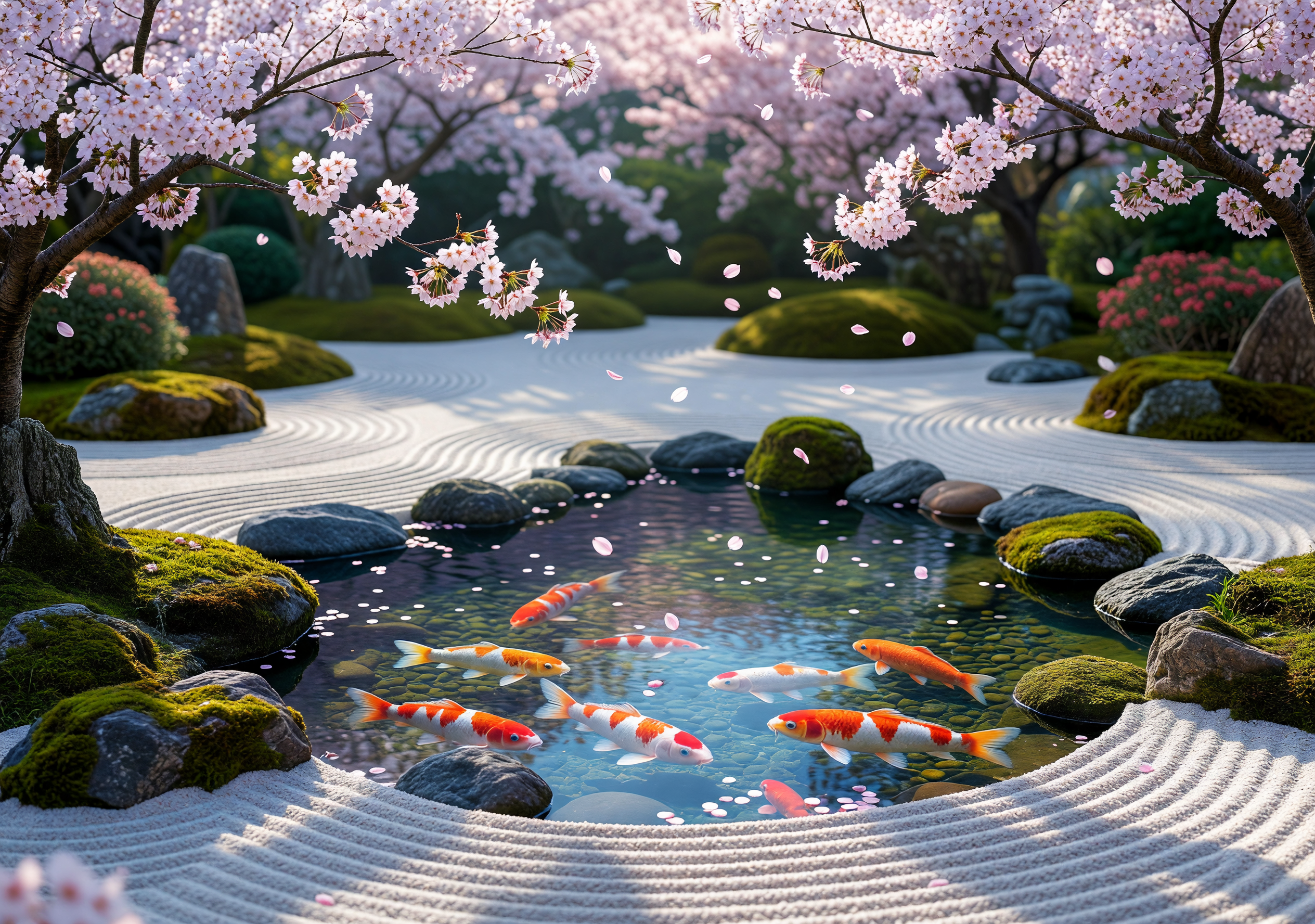 Zen Serenity: Koi Pond with Cherry Blossoms in Japanese Garden