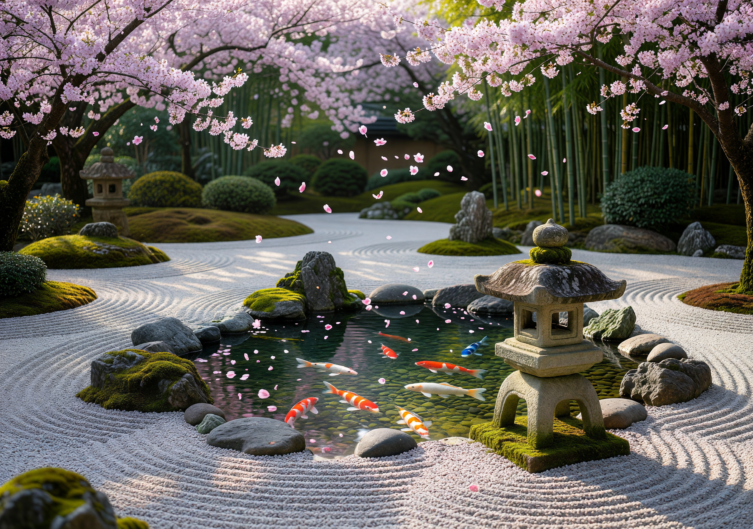 Zen Serenity: Koi Pond with Cherry Blossoms in Japanese Garden