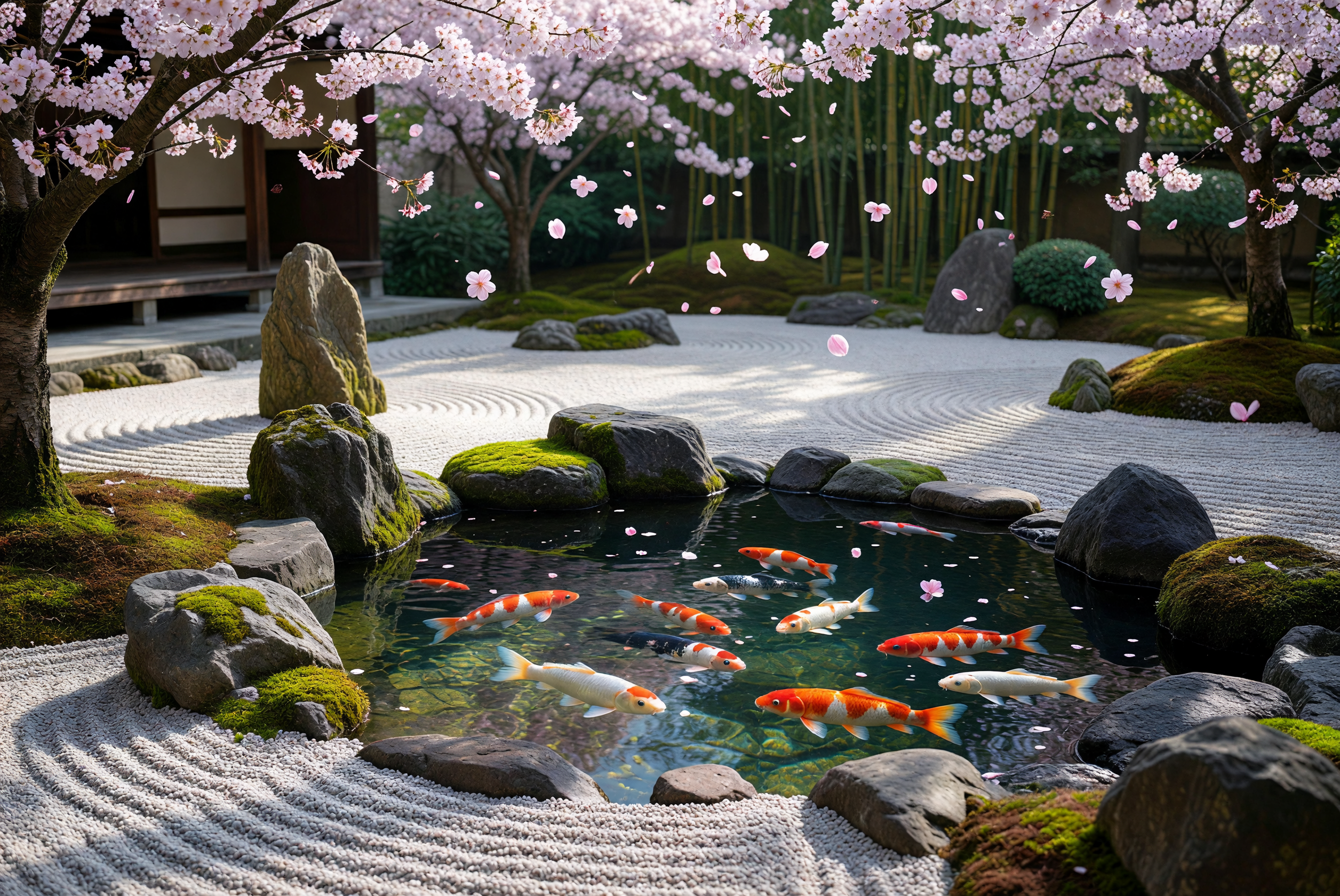 Zen Serenity: Koi Pond with Cherry Blossoms in Japanese Garden