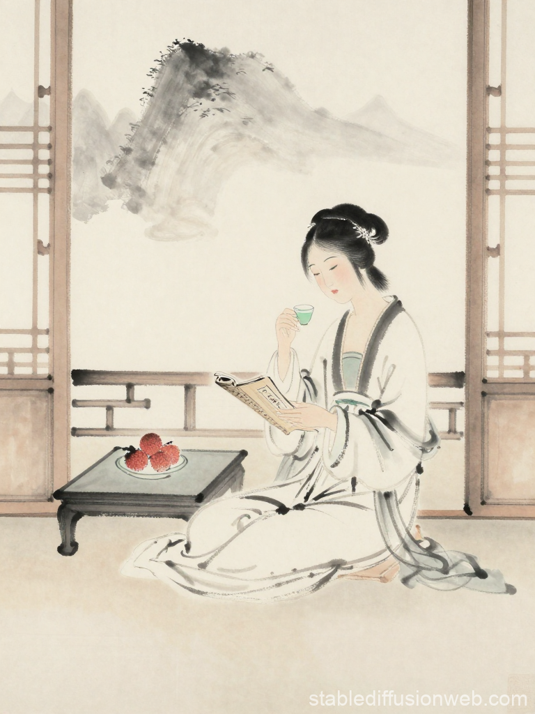 Zen Woman Enjoying Tea and Reading in Traditional Ink Style