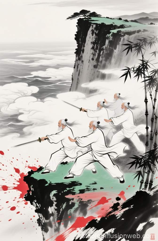 Zen Wuxia Masters Practicing Swordsmanship on Cliff Edge