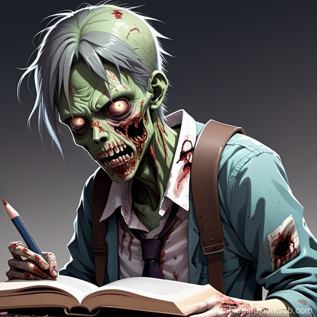 Zombie Student Studying with a Pencil