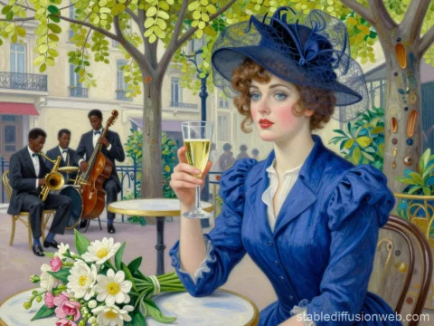 1920s Jazz Cafe Scene with Elegant Woman in Blue