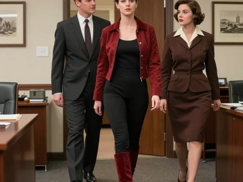 1950s Office Scene with Stylish Professionals Walking