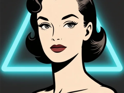 1950s Retro Woman with Neon Triangle Background