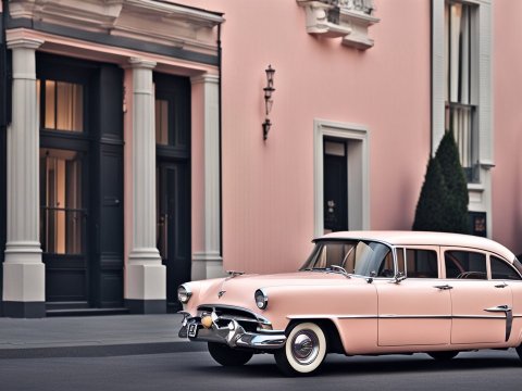 1955 Vintage Pink Classic Car Parked by Elegant Building