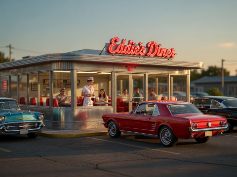 1960s Diner at Golden Hour with Classic Cars