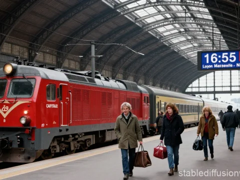 1970s French Train Station with Red Locomotive