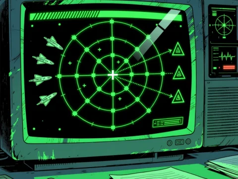 1970s Style CRT Radar Screen with Aircraft Targets