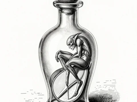 19th Century Scientific Illustration of a Jinni in a Bottle