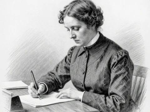 19th Century Woman Writing at Desk in Detailed Pencil Sketch
