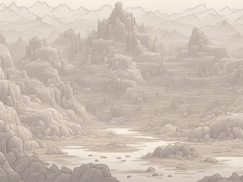 2D Hell Landscape with Rocky Terrain and Mountains
