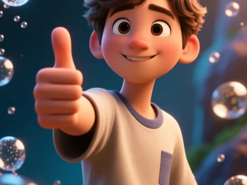 3D Animated Boy Giving Thumbs Up with Floating Bubbles