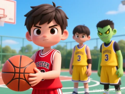 3D Animated Kids Playing Basketball on Outdoor Court