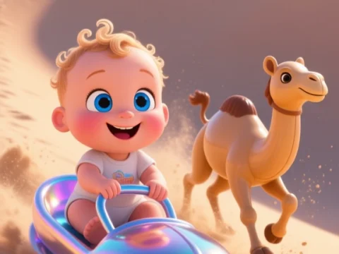 3D Baby Sledding Down Sand Dune with Playful Camel
