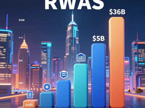 3D Bar Chart Showing RWAS Growth in a Futuristic Cityscape