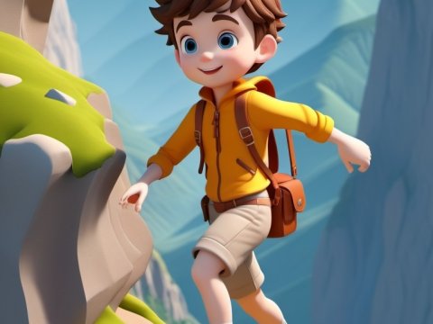 3D Cartoon Boy Hiking on Mountain Trail