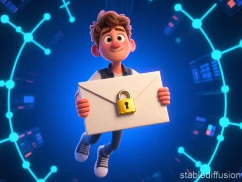 3D Cartoon Character Holding Locked Envelope in Digital Network