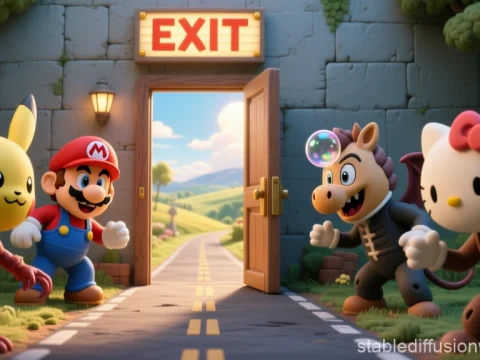 3D Cartoon Characters in Costume Near Exit Door
