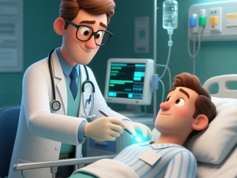 3D Cartoon Doctor Treating Patient in Hospital Room