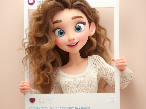 3D Cartoon Girl Holding Social Media Frame