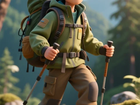 3D Cartoon Hiker in Green Outfit on Forest Trail