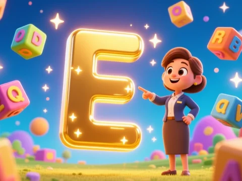 3D Cartoon Woman Pointing at Shiny Golden Letter E