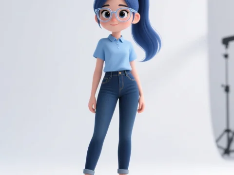 3D Cartoon Young Woman with Blue Hair and Glasses in Studio