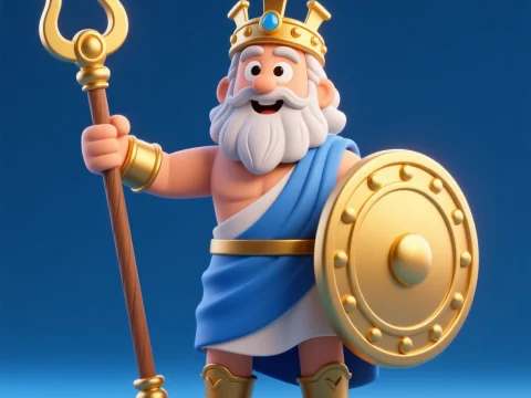 3D Cartoon Zeus Holding Shield and Trident