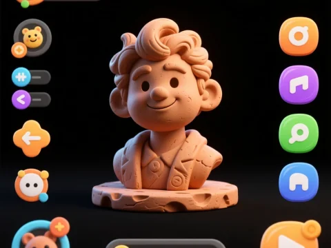 3D Clay Bust with Colorful Game UI Buttons