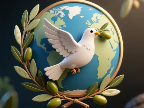 3D Dove of Peace with Olive Branch and Globe